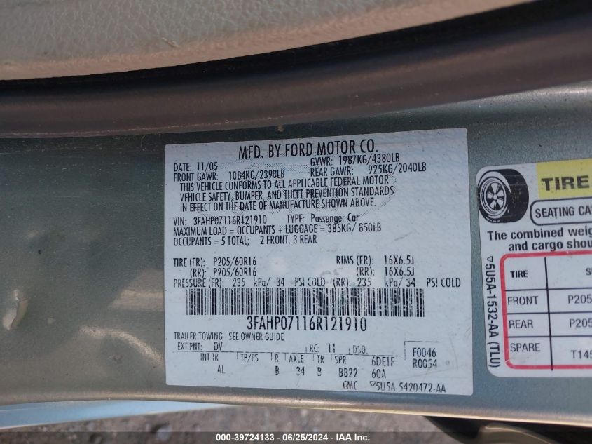 2006 Ford Fusion Se VIN: 3FAHP07116R121910 Lot: 39724133