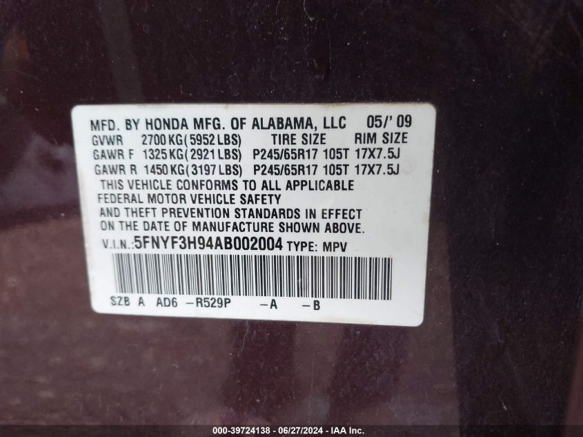 2010 Honda Pilot Touring VIN: 5FNYF3H94AB002004 Lot: 39724138