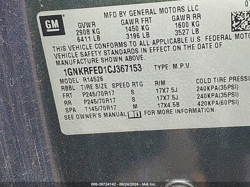 2012 Chevrolet Traverse Ls VIN: 1GNKRFED1CJ367153 Lot: 39724142