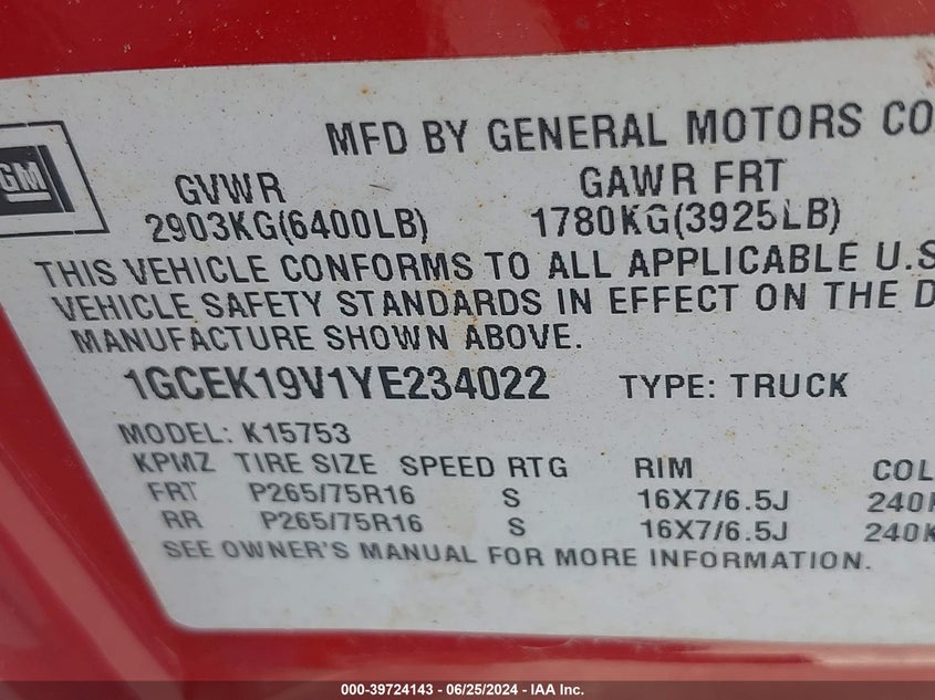 2000 Chevrolet Silverado 1500 Ls VIN: 1GCEK19V1YE234022 Lot: 39724143