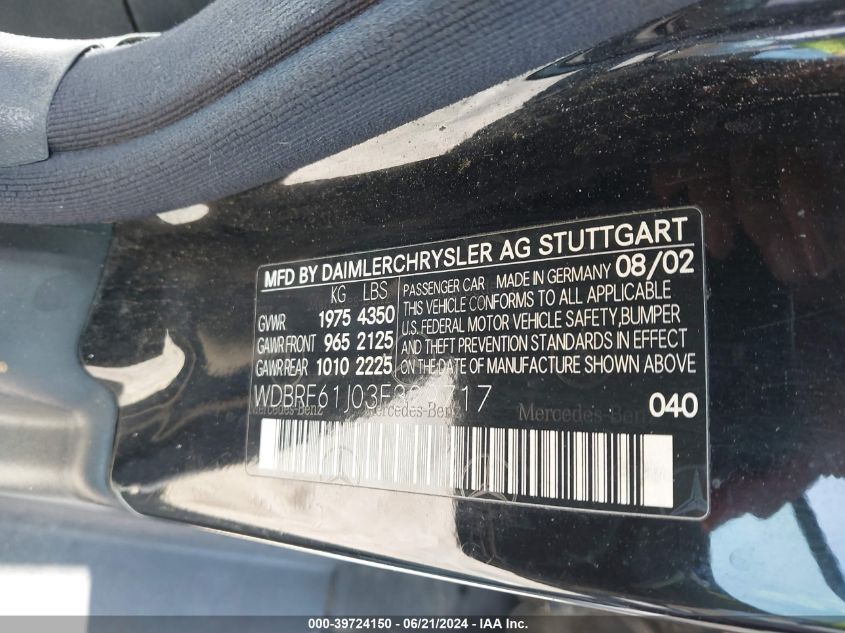 2003 Mercedes-Benz C 240 VIN: WDBRF61J03F329717 Lot: 39724150