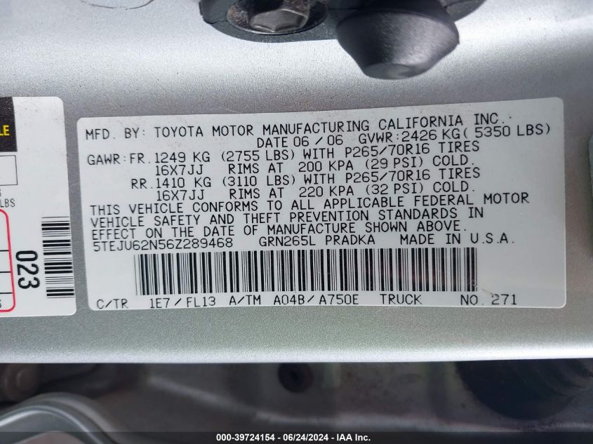 2006 Toyota Tacoma Prerunner V6 VIN: 5TEJU62N56Z289468 Lot: 39724154