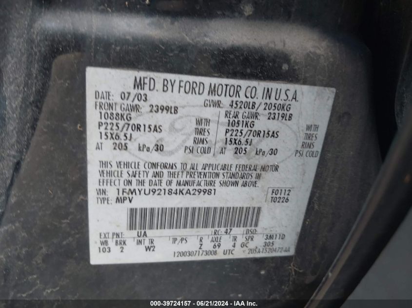 2004 Ford Escape Xls VIN: 1FMYU92184KA29981 Lot: 39724157