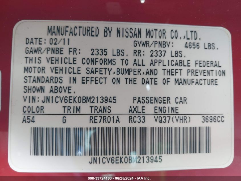 2011 Infiniti G37 Sport VIN: JN1CV6EK0BM213945 Lot: 39724163