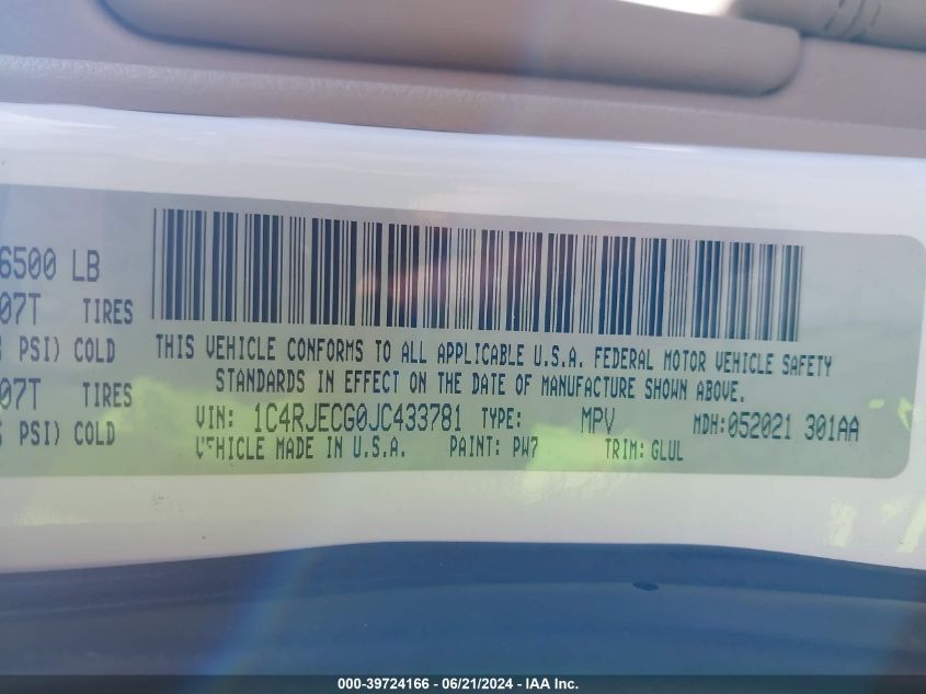 2018 Jeep Grand Cherokee Overland 4X2 VIN: 1C4RJECG0JC433781 Lot: 39724166