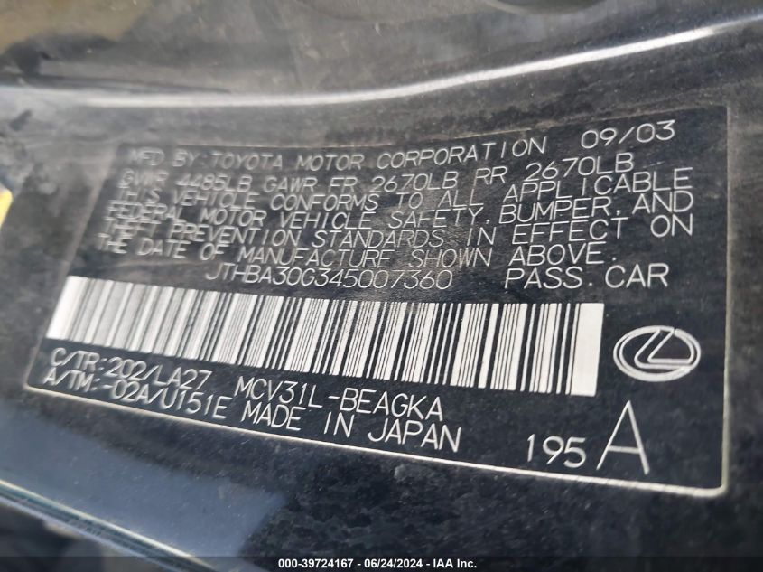 2004 Lexus Es 330 VIN: JTHBA30G345007360 Lot: 39724167