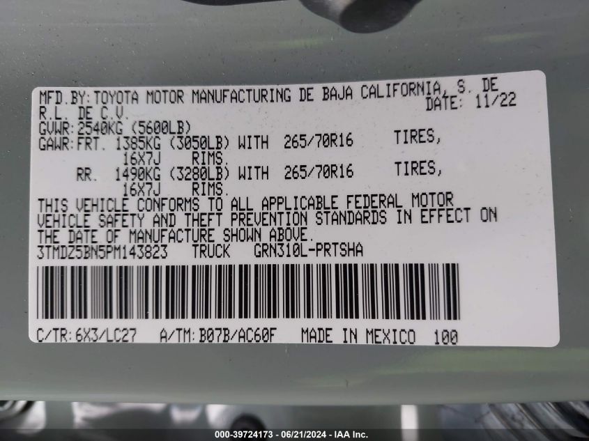 2023 Toyota Tacoma Trd Off Road VIN: 3TMDZ5BN5PM143823 Lot: 39724173