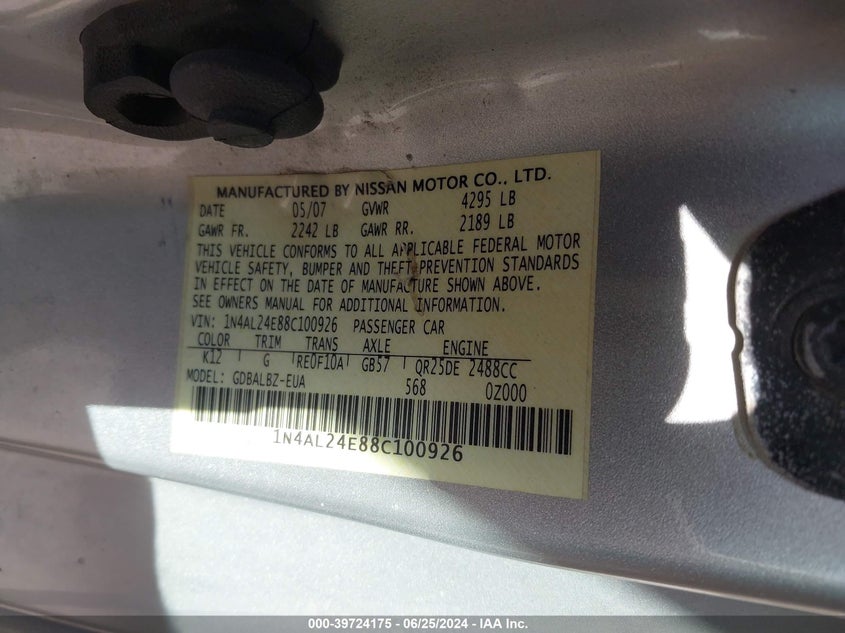 2008 Nissan Altima 2.5S VIN: 1N4AL24E88C100926 Lot: 39724175