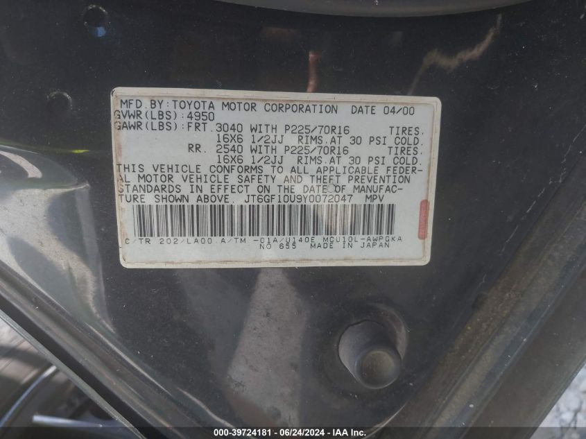 2000 Lexus Rx 300 VIN: JT6GF10U9Y0072047 Lot: 39724181