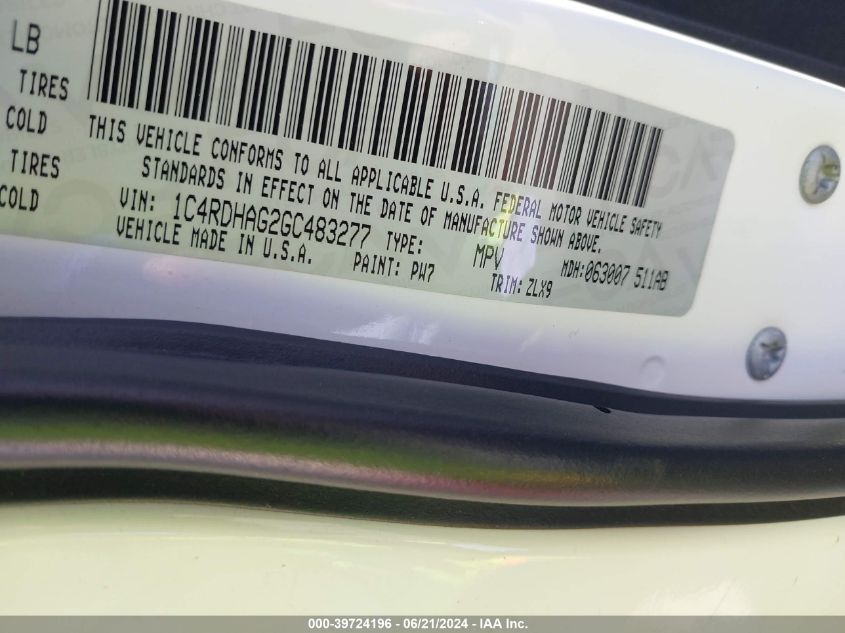 2016 Dodge Durango Sxt VIN: 1C4RDHAG2GC483277 Lot: 39724196