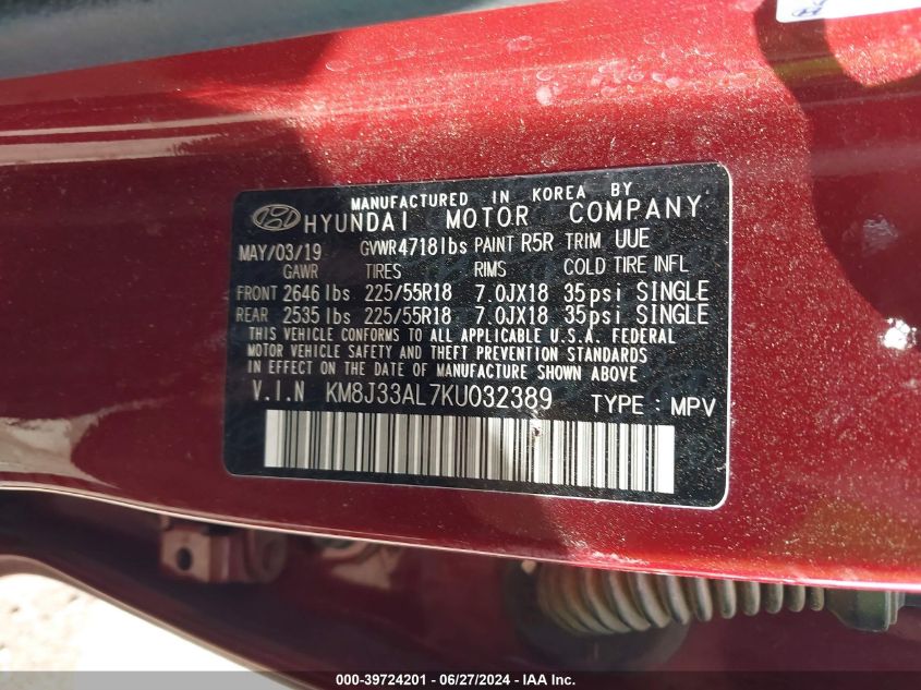 2019 Hyundai Tucson Limited VIN: KM8J33AL7KU032389 Lot: 39724201