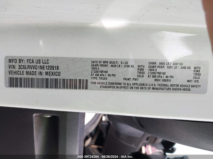 2022 Ram Promaster 2500 Low Roof 136 Wb VIN: 3C6LRVVG1NE120918 Lot: 39724204