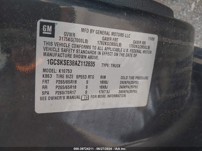2010 Chevrolet Silverado K1500 Lt VIN: 1GCSKSE38AZ112835 Lot: 39724211