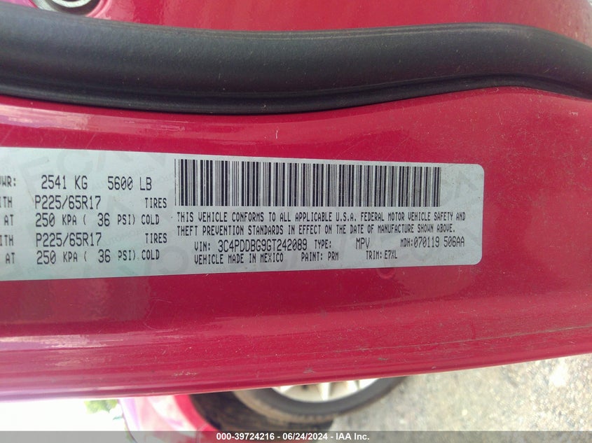 2016 Dodge Journey Sxt VIN: 3C4PDDBG9GT242089 Lot: 39724216