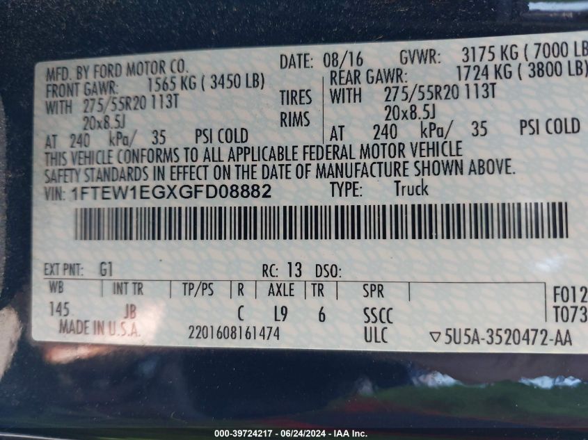 2016 Ford F-150 Xlt VIN: 1FTEW1EGXGFD08882 Lot: 39724217