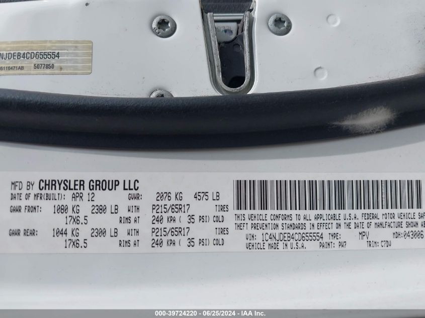 2012 Jeep Compass Latitude VIN: 1C4NJDEB4CD655554 Lot: 39724220