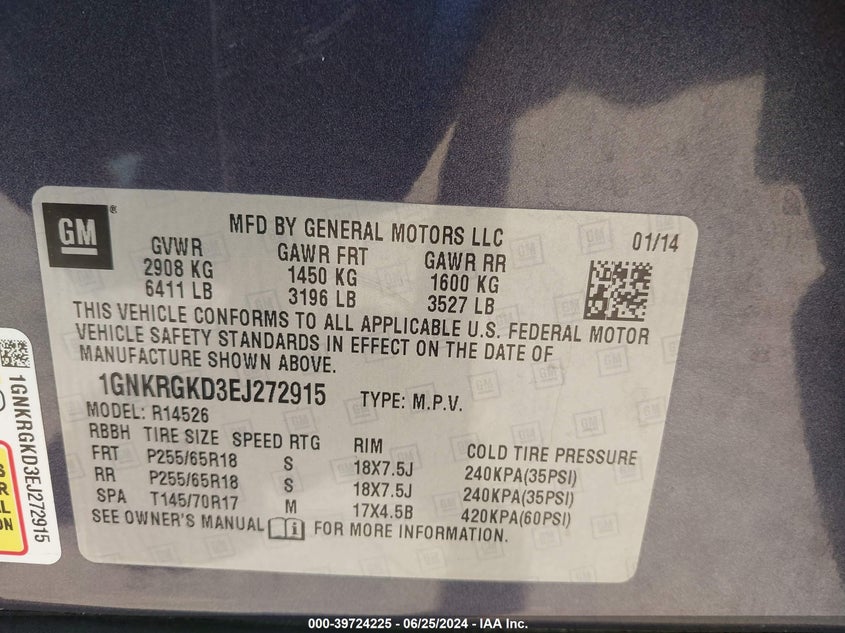 2014 Chevrolet Traverse Lt VIN: 1GNKRGKD3EJ272915 Lot: 39724225