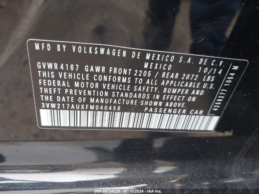 2015 Volkswagen Golf Tsi S 4-Door VIN: 3VW217AUXFM040458 Lot: 39724228