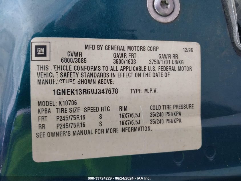 1997 Chevrolet Tahoe Ls VIN: 1GNEK13R6VJ347678 Lot: 39724229