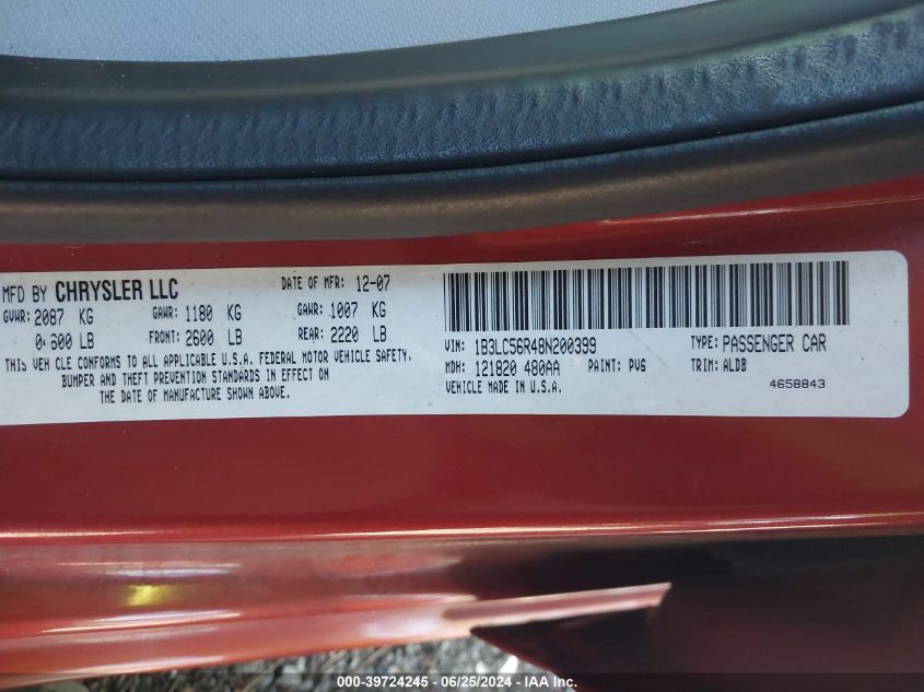 2008 Dodge Avenger Sxt VIN: 1B3LC56R48N200399 Lot: 39724245