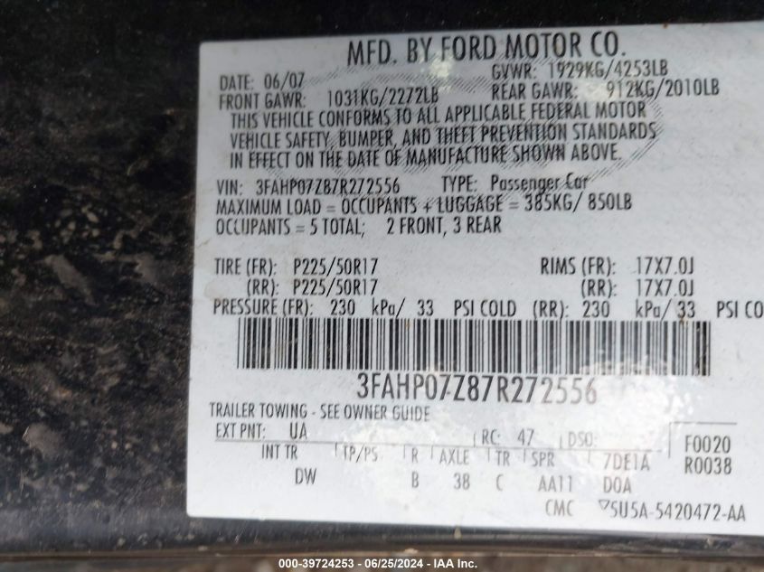 2007 Ford Fusion Se VIN: 3FAHP07Z87R272556 Lot: 39724253