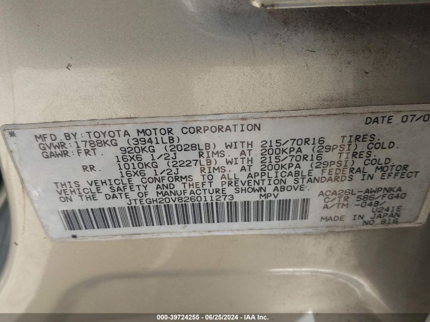 2002 Toyota Rav4 VIN: JTEGH20V826011273 Lot: 39724255