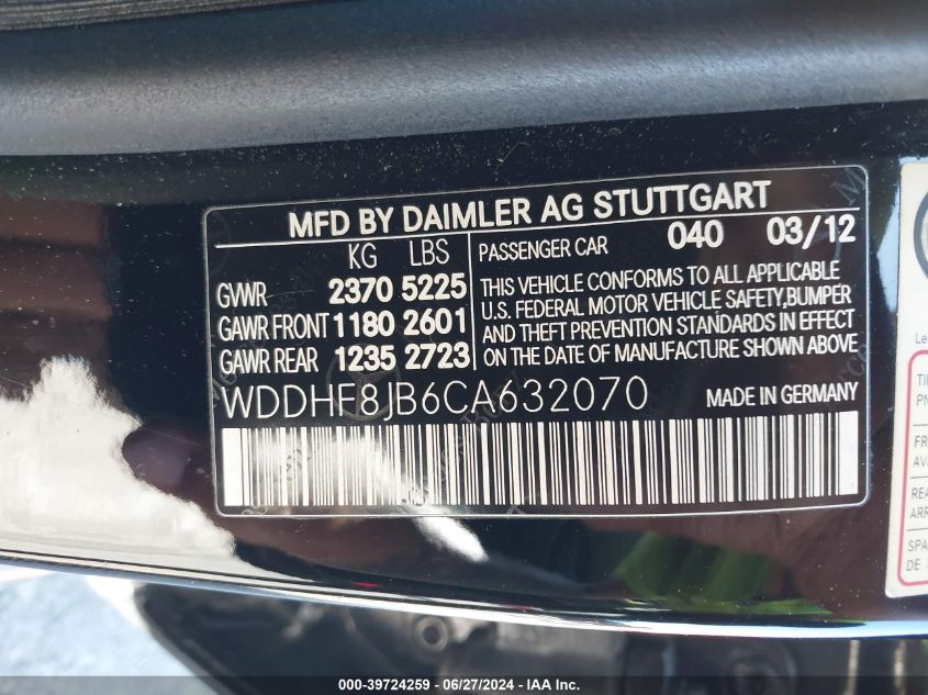 2012 Mercedes-Benz E 350 4Matic VIN: WDDHF8JB6CA632070 Lot: 39724259