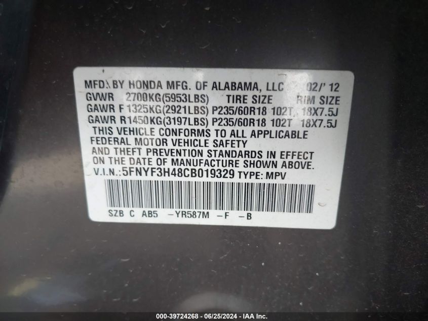 2012 Honda Pilot Ex VIN: 5FNYF3H48CB019329 Lot: 39724268