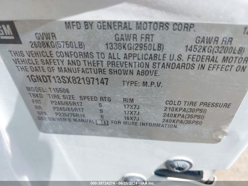 2008 Chevrolet Trailblazer Ls/Lt VIN: 1GNDT13SX82197147 Lot: 39724274