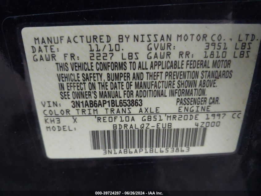 2011 Nissan Sentra 2.0 VIN: 3N1AB6AP1BL653863 Lot: 39724287