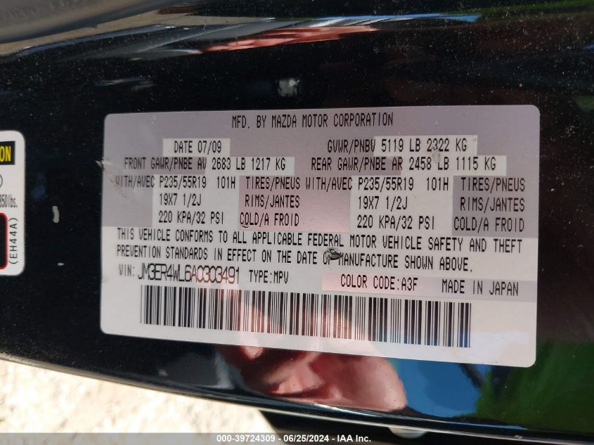 2010 Mazda Cx-7 S Grand Touring VIN: JM3ER4WL6A0303491 Lot: 39724309