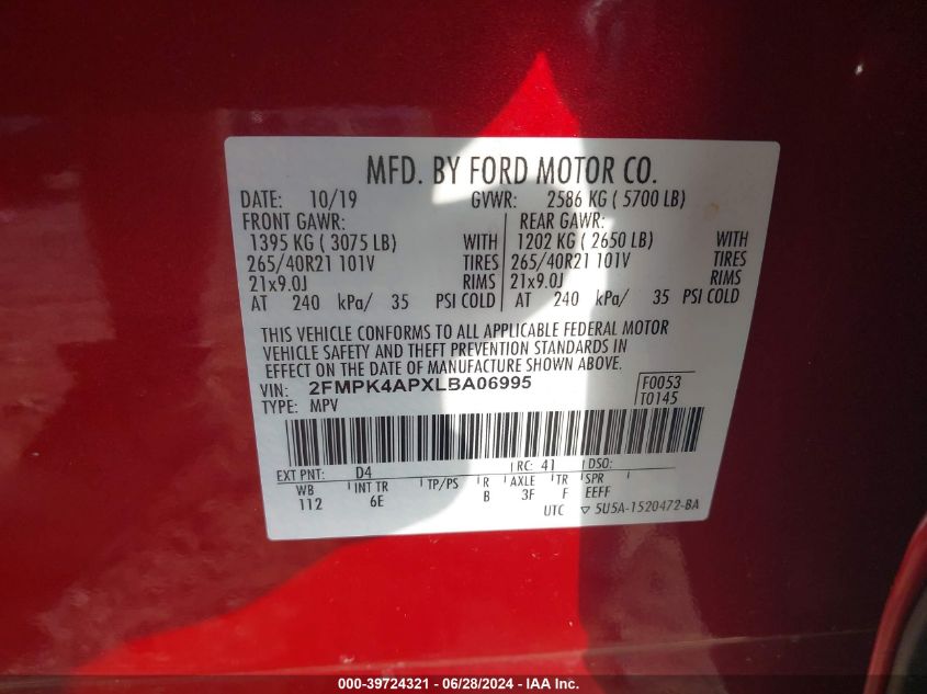 2020 Ford Edge St VIN: 2FMPK4APXLBA06995 Lot: 39724321