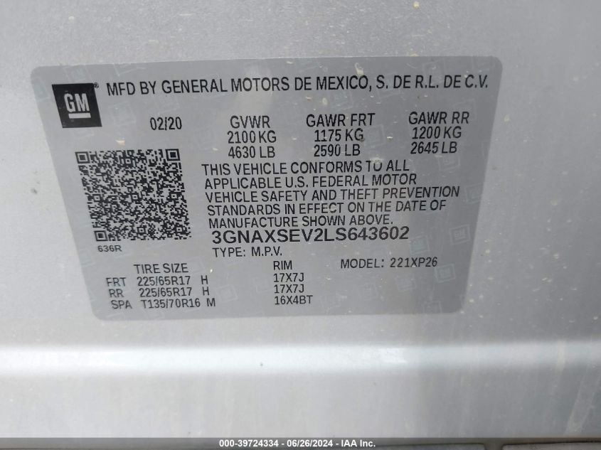 2020 Chevrolet Equinox Ls VIN: 3GNAXSEV2LS643602 Lot: 39724334