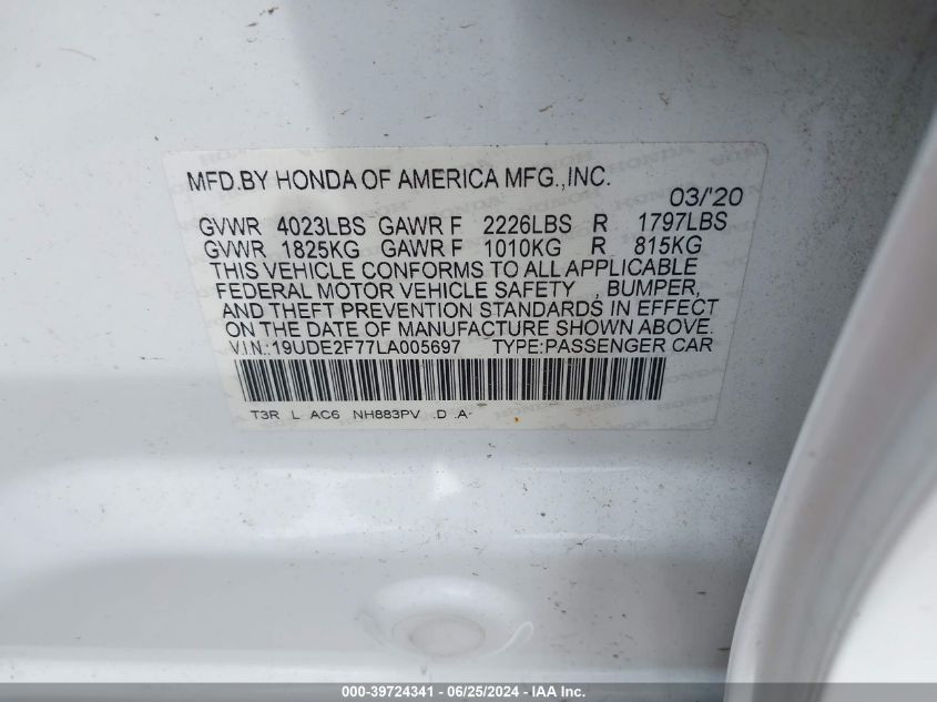 2020 Acura Ilx Premium Package/Technology Package VIN: 19UDE2F77LA005697 Lot: 39724341