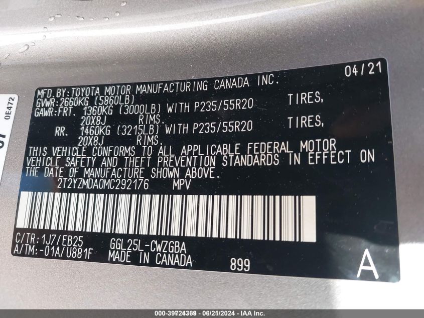 2021 Lexus Rx 350 F Sport Handling VIN: 2T2YZMDA0MC292176 Lot: 39724369