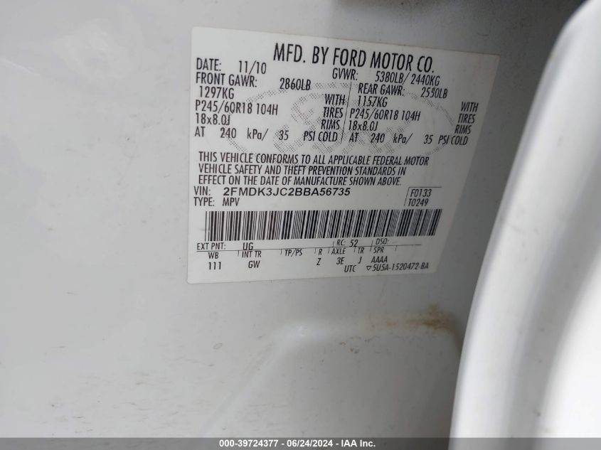 2011 Ford Edge Sel VIN: 2FMDK3JC2BBA56735 Lot: 39724377