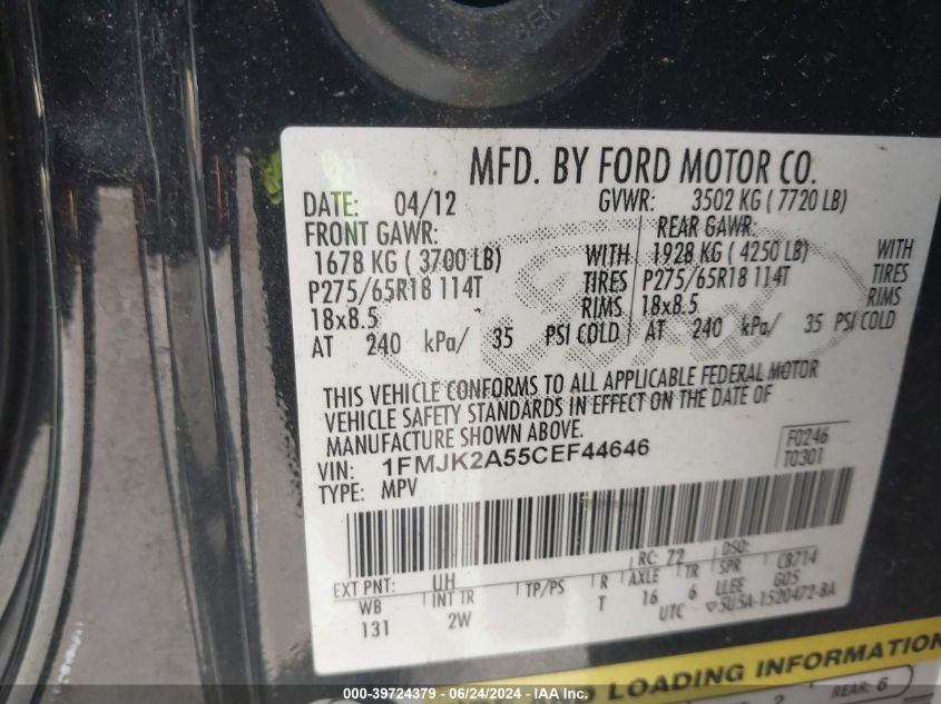 2012 Ford Expedition El Limited VIN: 1FMJK2A55CEF44646 Lot: 39724379