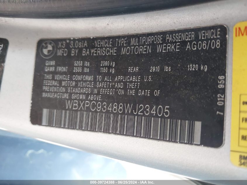 2008 BMW X3 3.0Si VIN: WBXPC93488WJ23405 Lot: 39724388