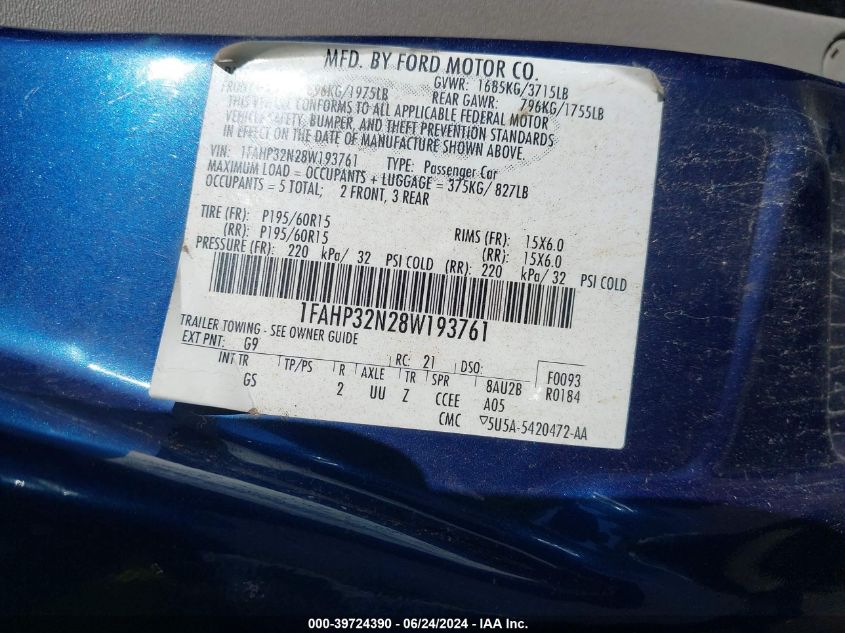 2008 Ford Focus S VIN: 1FAHP32N28W193761 Lot: 39724390