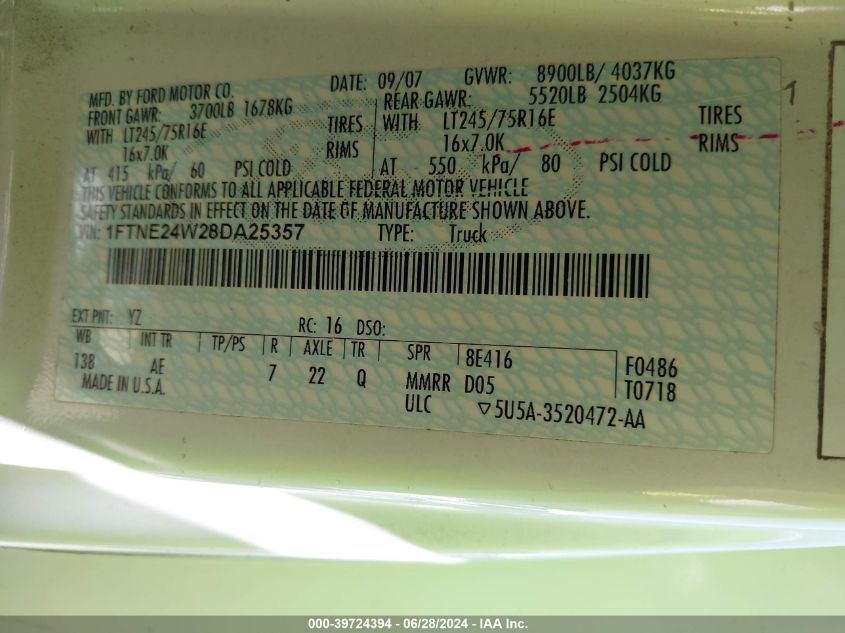 2008 Ford E-250 Commercial/Recreational VIN: 1FTNE24W28DA25357 Lot: 39724394