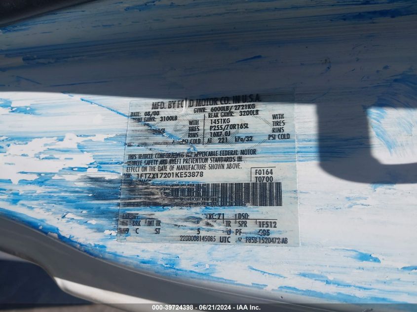 2001 Ford F-150 Xl/Xlt VIN: 1FTZX17201KE53878 Lot: 39724398