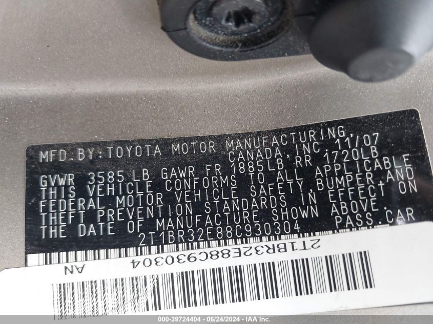 2008 Toyota Corolla Le VIN: 2T1BR32E88C930304 Lot: 39724404