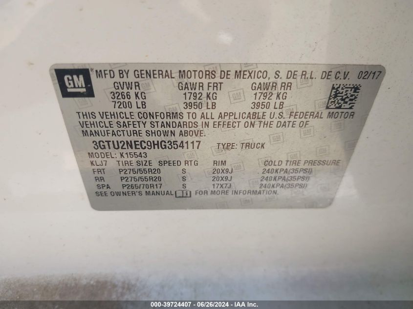 2017 GMC Sierra 1500 Slt VIN: 3GTU2NEC9HG354117 Lot: 39724407