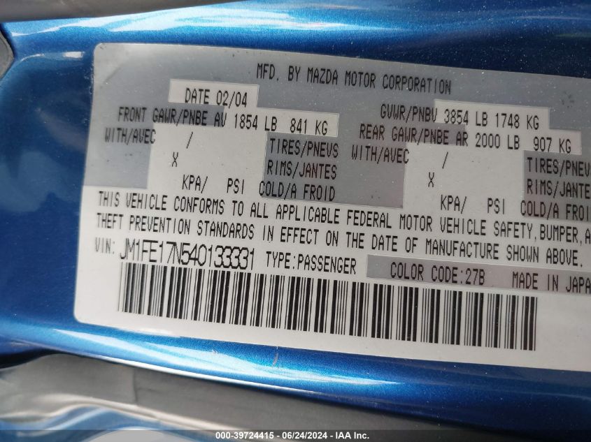 2004 Mazda Rx-8 Sport Automatic VIN: JM1FE17N540133331 Lot: 39724415