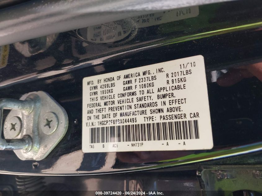 2011 Honda Accord 2.4 Se VIN: 1HGCP2F69BA044495 Lot: 39724420