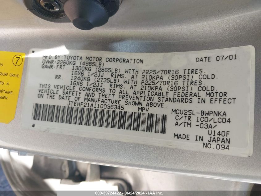 2001 Toyota Highlander V6 VIN: JTEHF21A110036345 Lot: 39724422