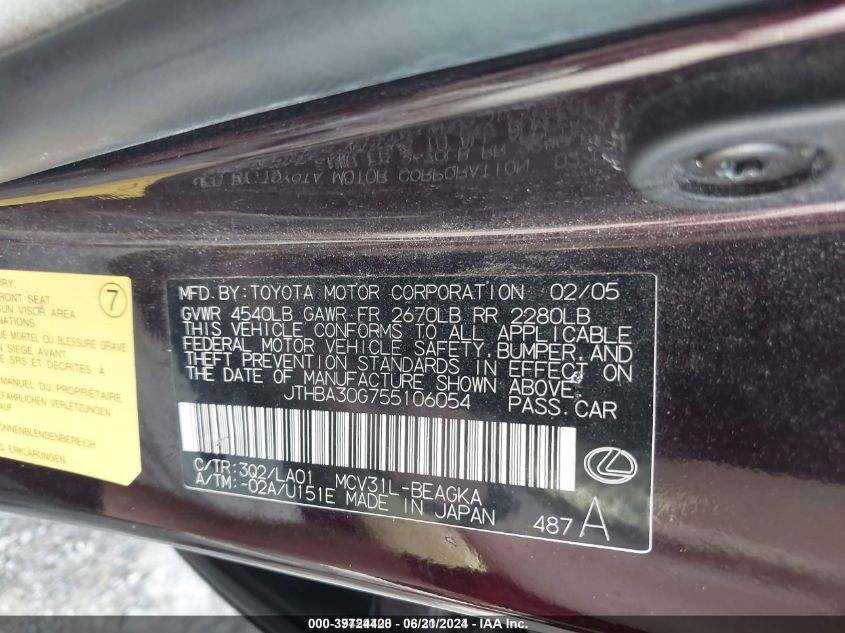 2005 Lexus Es 330 VIN: JTHBA30G755106054 Lot: 39724428