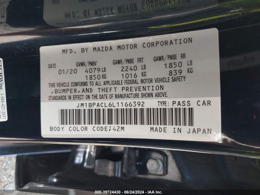 2020 Mazda Mazda3 Select Package VIN: JM1BPACL6L1166392 Lot: 39724430