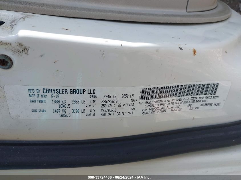 2010 Chrysler Town & Country Touring VIN: 2A4RR5D15AR374134 Lot: 39724436