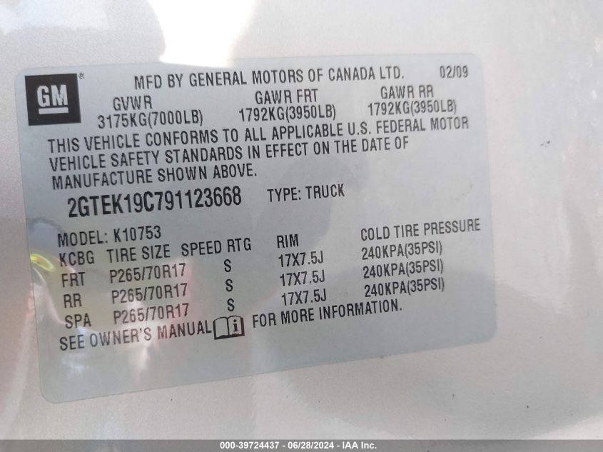 2009 GMC Sierra 1500 K1500 VIN: 2GTEK19C791123668 Lot: 39724437